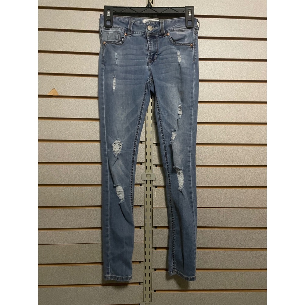 Almost Famous Womens Mid Rise Skinny Jeans Distressed Blue Denim Size 0